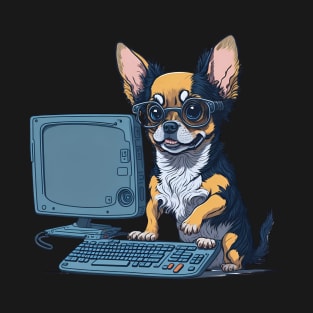 A cute Chihuahua dog is working on computer T-Shirt