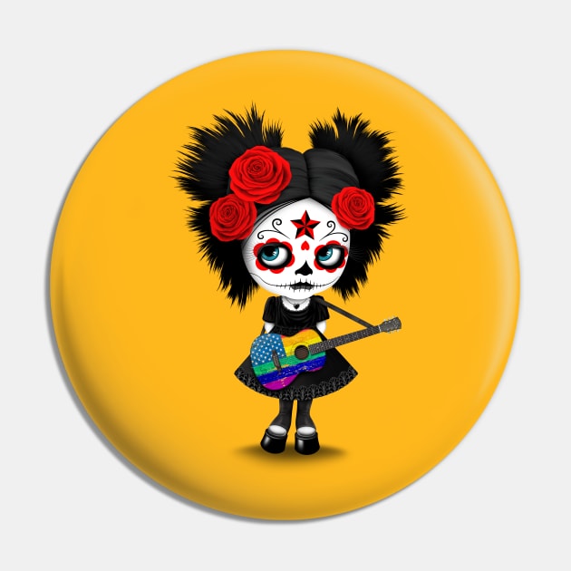 Sugar Skull Girl Playing Rainbow American Flag Guitar Pin by jeffbartels