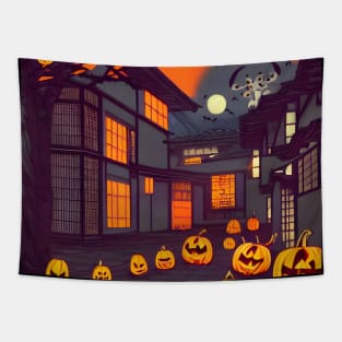 Halloween Ghost House with Pumpkins in the Patch Tapestry