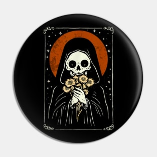 Death Brings Flowers Cute Reaper Skull And Bouquet Pin