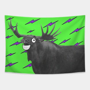 Moose with cartoon eyes and neon green background Tapestry