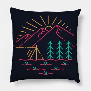 Colorful Mountain Camping Sunrise Line Art Pillow