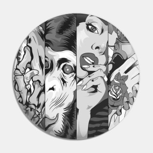 Dope four panels of animal human skulls and robots ink-prncil black-and-white illustration Pin