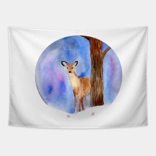 Deer in the Winter Forest Painting Tapestry