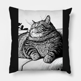 Fat Cat Lounging on the Couch, Black and White Pillow