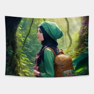 beautiful young lady Veiled in the forest hiking Tapestry