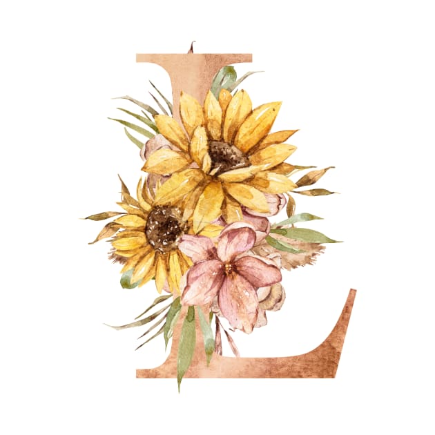 Watercolor sunflower bouquet wedding monogram letter L gift by tiana geo