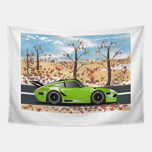 SuperCar on Desert Road during Autumn  - Lime Green Tapestry by Sash8140