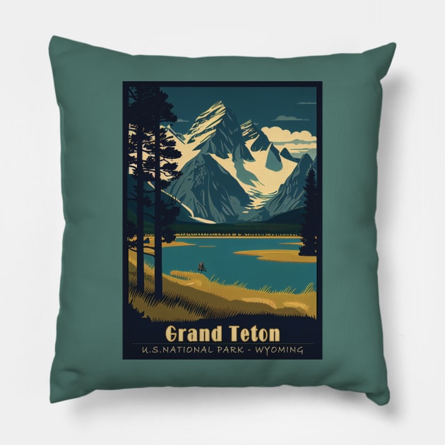 Grand Teton National Park Vintage Travel Poster Pillow by GreenMary Design