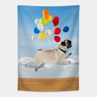 Flying Pug With Balloons Tapestry