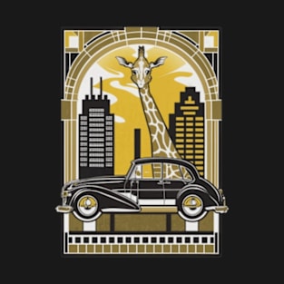 A sophisticated giraffe elegantly navigating a cityscape in a luxury sedan T-Shirt