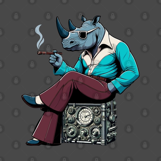 70s rhino Relaxing on steampunk Radio - Unique Digital Art by TimeWarpWildlife