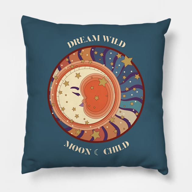 Retro 'DREAM WILD MOOD CHILD' featuring an illustration of a the moon and stars Pillow by keeplooping