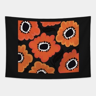 Happy flowerpower pattern in 1970-style, orange, black, red Tapestry