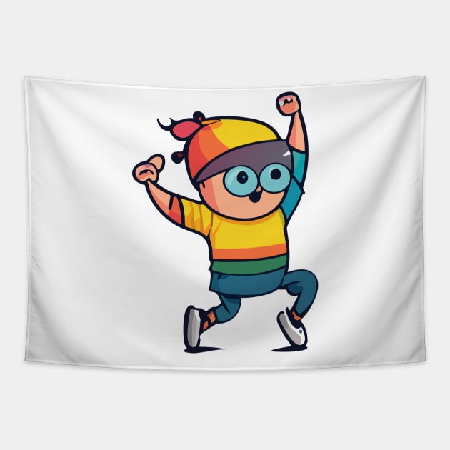 t-shirt design featuring a funny cartoon character doing a popular dance move, vibrant colors, and bold lines Tapestry by goingplaces