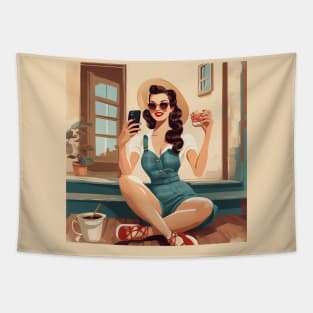 Coffee & Retro Connections Vintage Vibes Pin Up Girl Tapestry