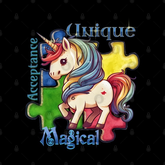 Autism Awareness Kawaii Unicorn and Puzzle Pieces by mythikcreationz