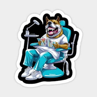 An English Bulldog sitting in front of a dentist's chair, wearing a blue surgical mask Magnet