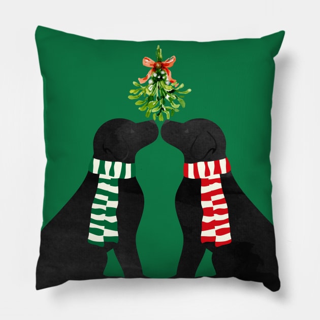 Black Labrador Christmas Dogs Kissing Mistletoe Pillow by EMR_Designs