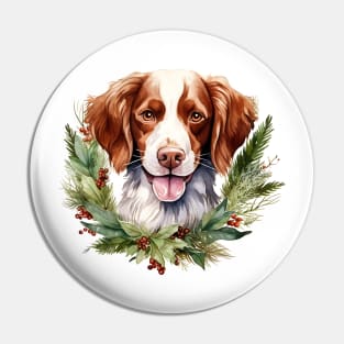 Christmas Brittany Dog Wreath Pin