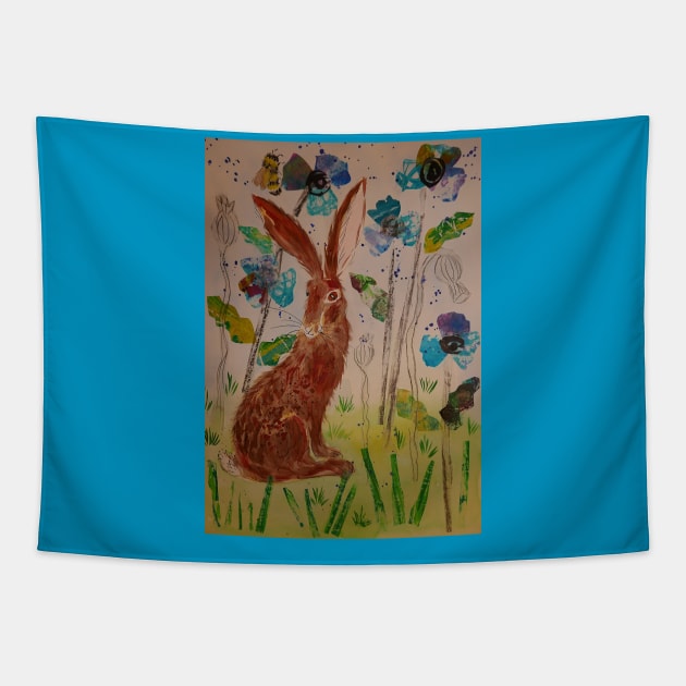 Hare among Blue Poppies Collage Tapestry by Casimirasquirkyart