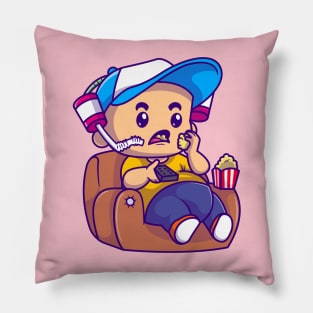 Cute Boy Eating Popcorn On Sofa Cartoon Pillow