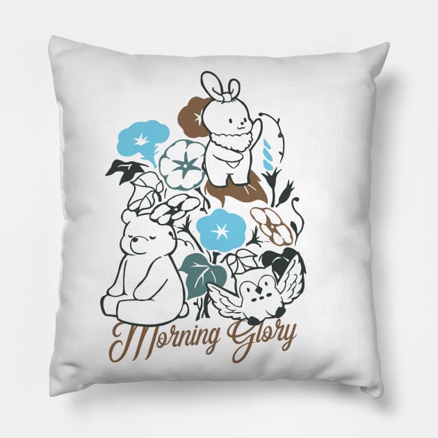 Animal Friends are Playing in the Morning Glory Garden Pillow by FlinArt
