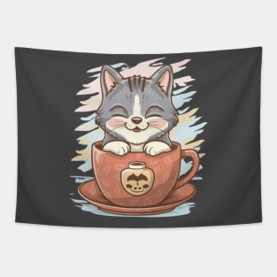 A grinning cat sipping coffee from a stylish mug Tapestry