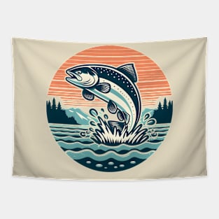 Salmon Jumping - Retro Horizon Tapestry