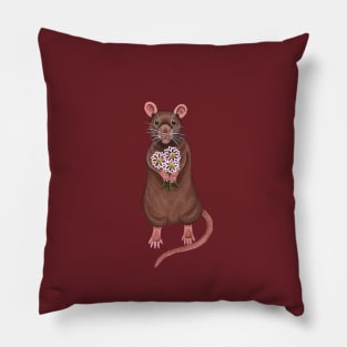 Rat Holding Flowers Pillow