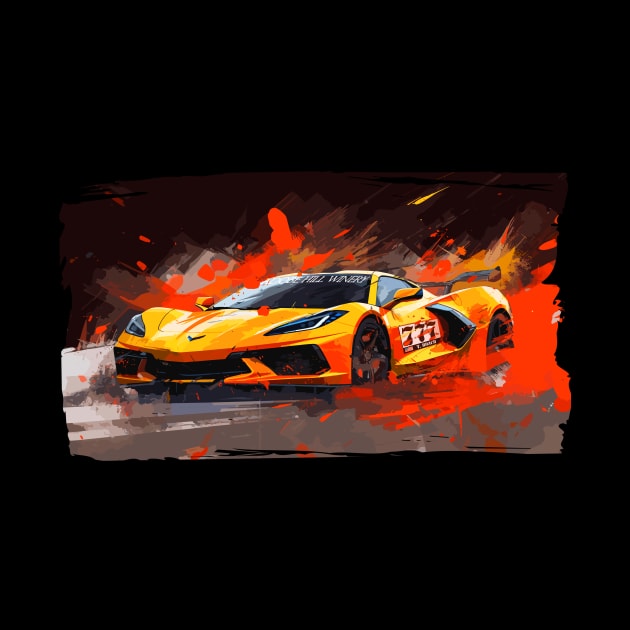 Orange C8 Corvette Racecar Splatter Art by Tees 4 Thee