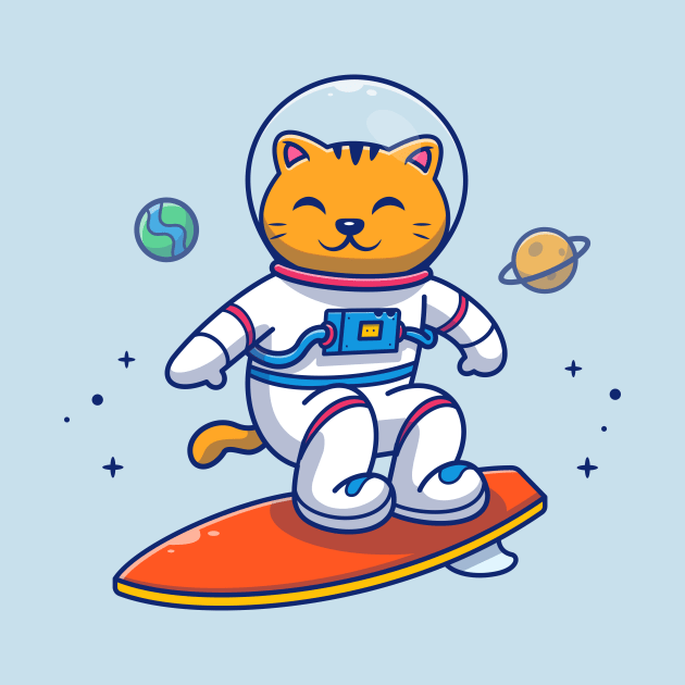 Cute Cat Astronaut Surfing In Space Cartoon by Catalyst Labs