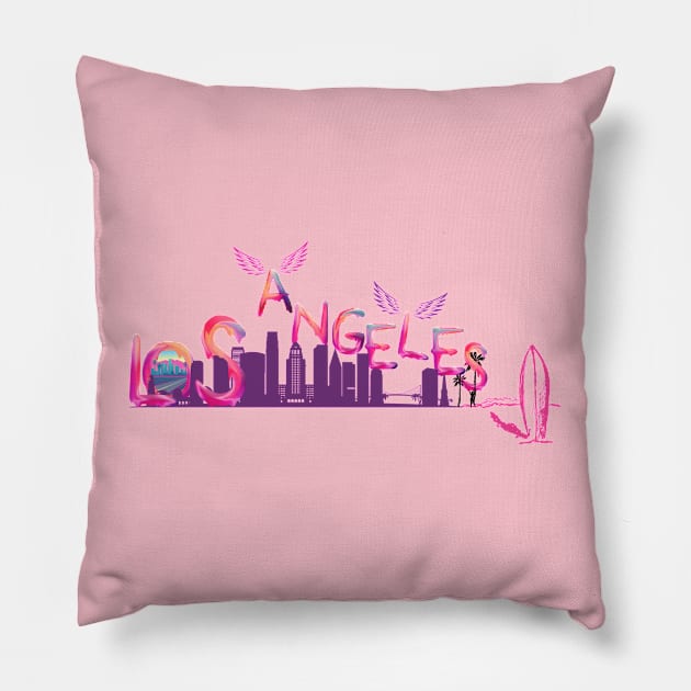 Zoolos LA Dreams: Pink and Purple Watercolor Letter Art with Iconic Landmarks – Exclusive Los Angeles Tee Pillow by zoolos