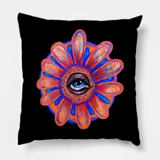Trippy Pop Surreal Big Eyed Art Floral Mandala Illustration Pillow