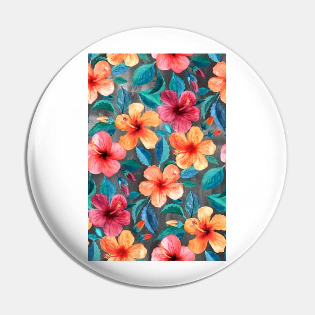 Colorful Watercolor Hibiscus on Dark Charcoal Pin by micklyn