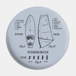 Windsurfer Equipment Gear Board, Sail and Fins Legend Vintage Black Drawing Pin