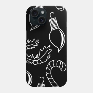 Christmas Ornaments Print Pattern, White Chalkboard Doodles on a Black Backdrop, made by EndlessEmporium Phone Case