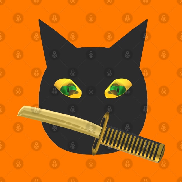 Halloween Ninja Cat. Black Cat with Jack o Lantern Eyes and Sword. (Orange Background) by Art By LM Designs 