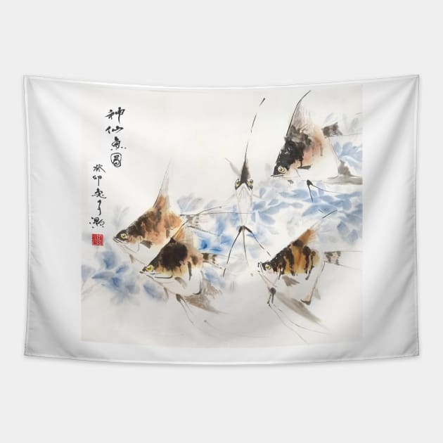 Chinese Art Angel Fish Tapestry by Huluhua