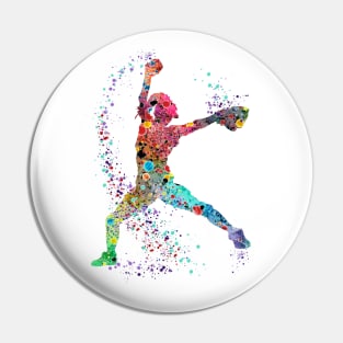 Girl Baseball Softball Pitcher Watercolor Painting Art Print Pin