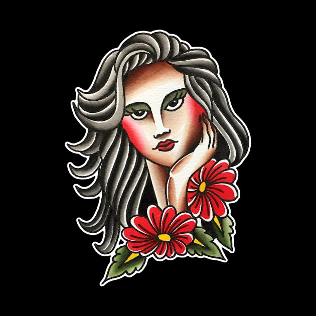 Lady Face with Flowers Tattoo Design by forevertruetattoo