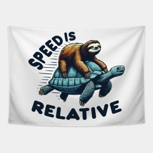 Funny Vintage Sloth Riding Tortoise Speed is Relative Tapestry