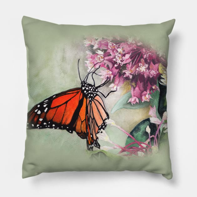 Monarch Butterfly on Milkweed Flower Pillow by Heather Dorsch Creations