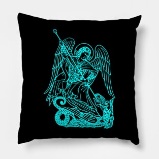 Saint Michael vanquishing the dragon (blue neon) Pillow