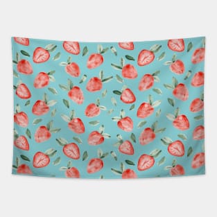 Watercolor painting of tropical strawberries on turquoise background Tapestry