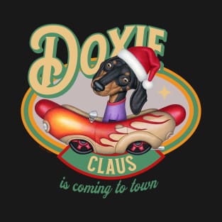 cute Doxie Dog as Santa Claus in classic hotdog car is Coming to Town T-Shirt