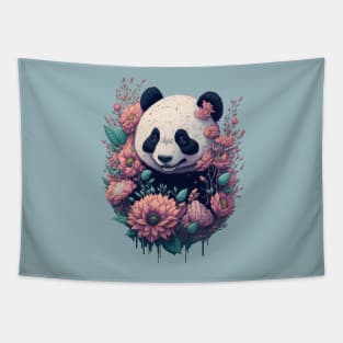 Cute Panda bear with florals and foliage t-shirt design, apparel, mugs, cases, wall art, stickers, travel mug Tapestry