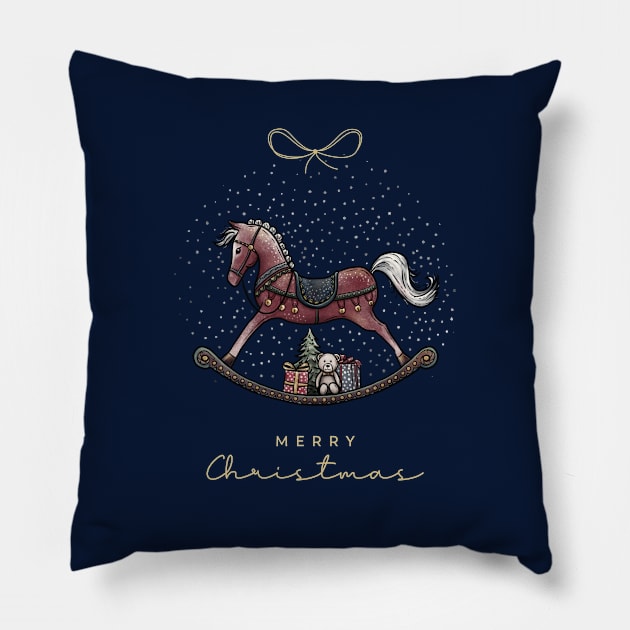 Merry Christmas lettering with Rocking Horse illustration, cute bear, gifts and Christmas tree on a blue snow background. Pillow by ChrisiMM