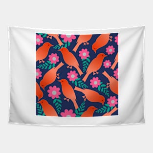 Colourful Birds and flowers pattern in navy background, Seamless repeat pattern Tapestry