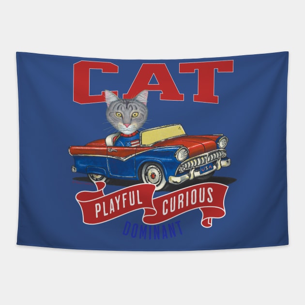 Humorous Funny and Cute gray Tabby kitty cat driving a vintage classic car to a parade with red white and blue flags Tapestry by Danny Gordon Art